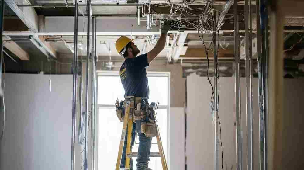 Electrician working on store's ceiling wiring. Black horse electrical, London.